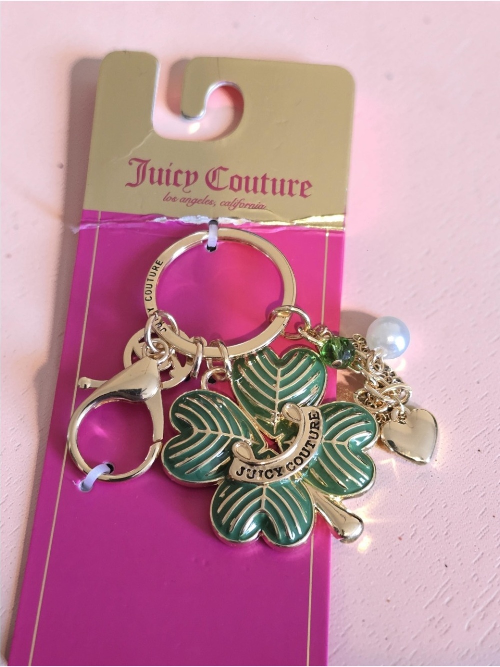 Juicy Couture Gold-Tone Keychain with Green Enamel Clover & Heart Charms